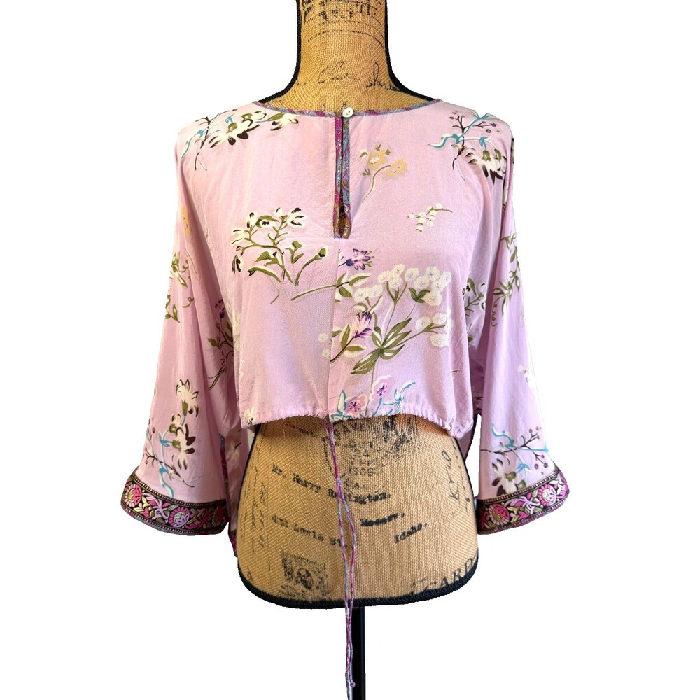 Plenty 100% Silk Pink Floral Crop Blouse Top Bell Sleeves Tie Hem Boho Sz S
